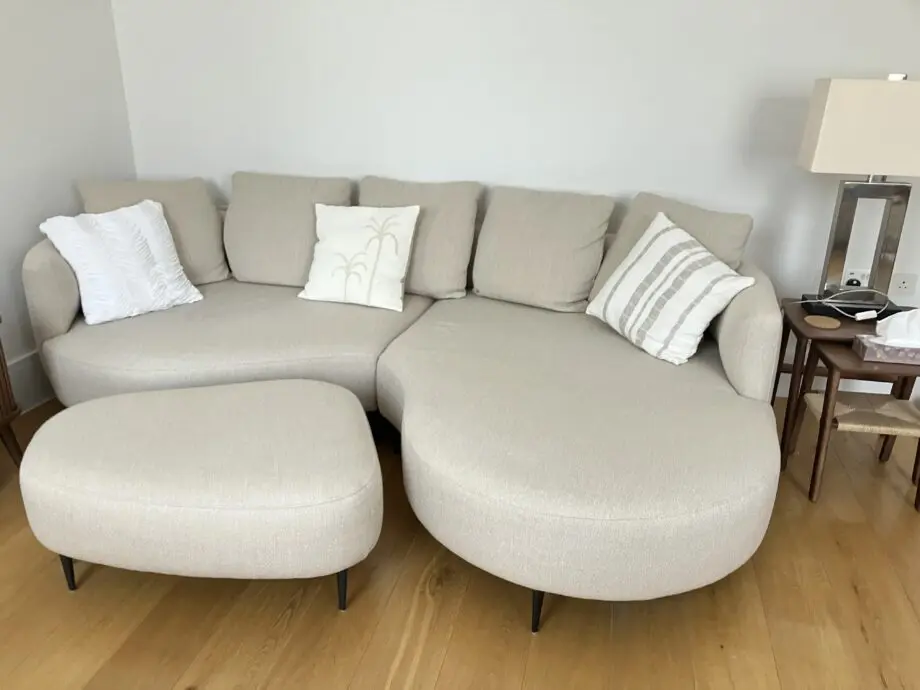 John Lewis Lozenge Grand 5 Seater RHF Chaise End Sofa, Metal Leg, Twisted Boucle Putty + Lozenge Footstool