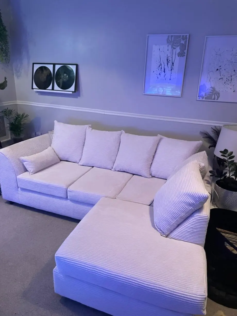 L-Shape Corner Sofa in Cream Cord Fabric - Space-Saving Design