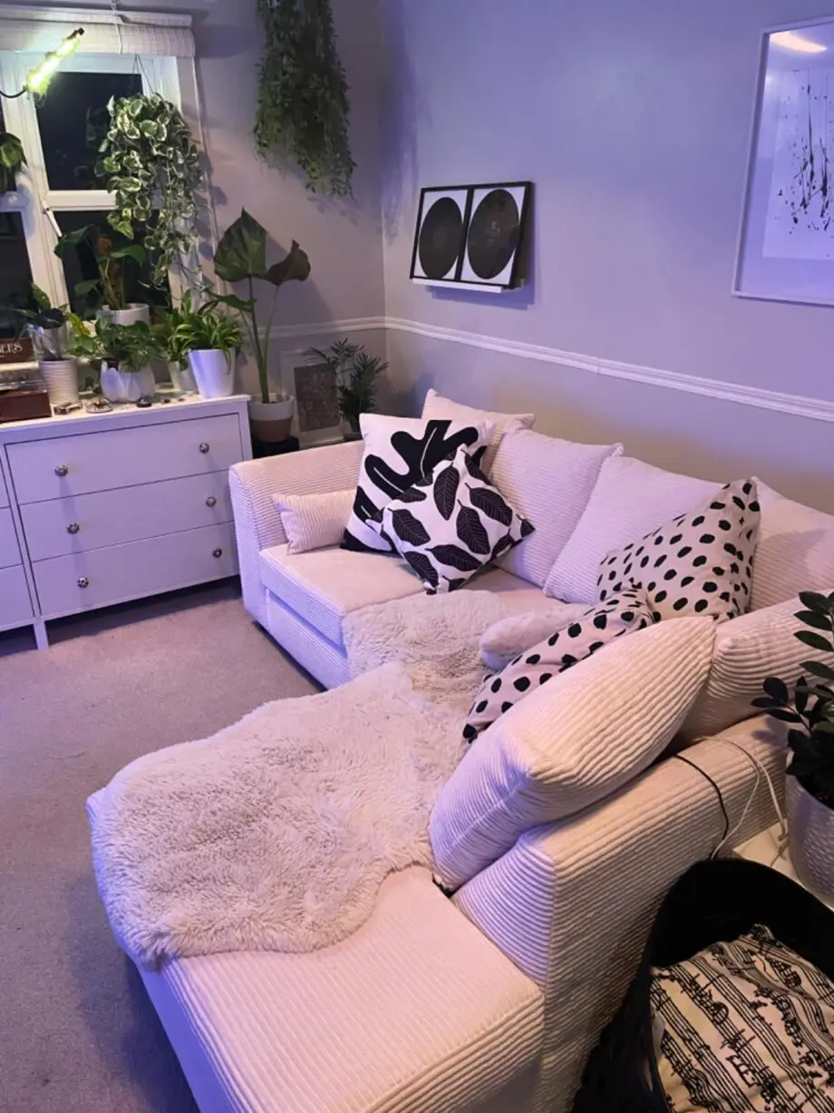 L-Shape Corner Sofa in Cream Cord Fabric - Space-Saving Design