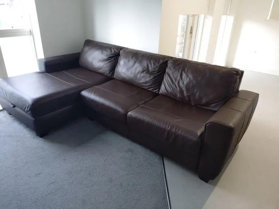 Dfs brown leather chaise lounge sofa with pouffe