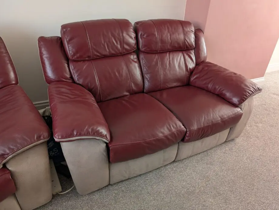 DFS Red leather/suede 2 seater sofa + chair