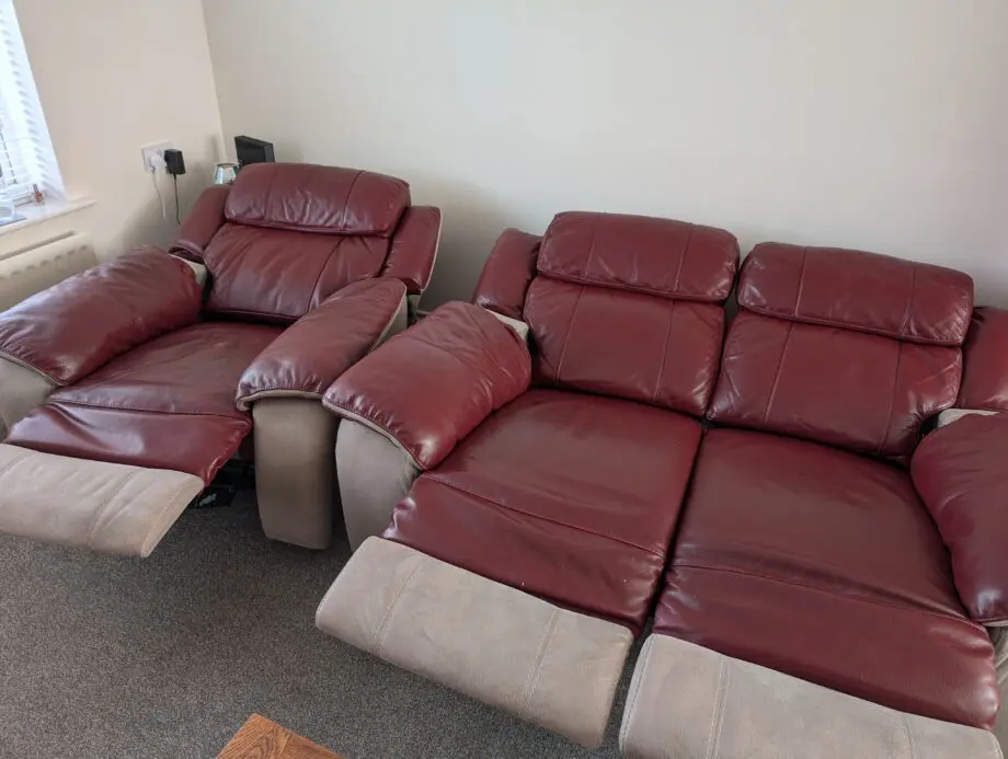 DFS Red leather/suede 2 seater sofa + chair