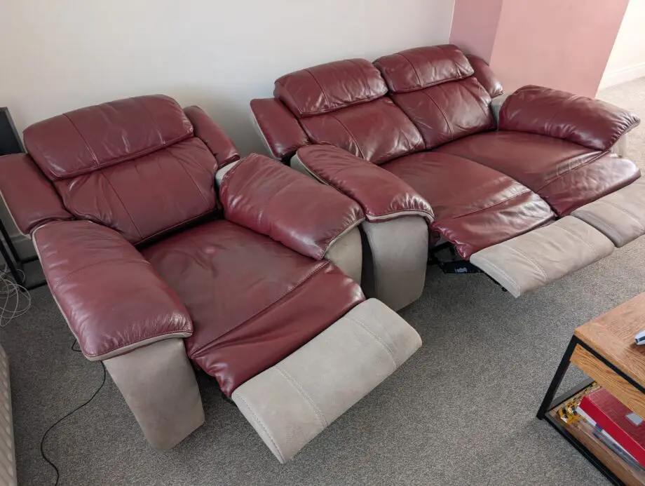DFS Red leather/suede 2 seater sofa + chair