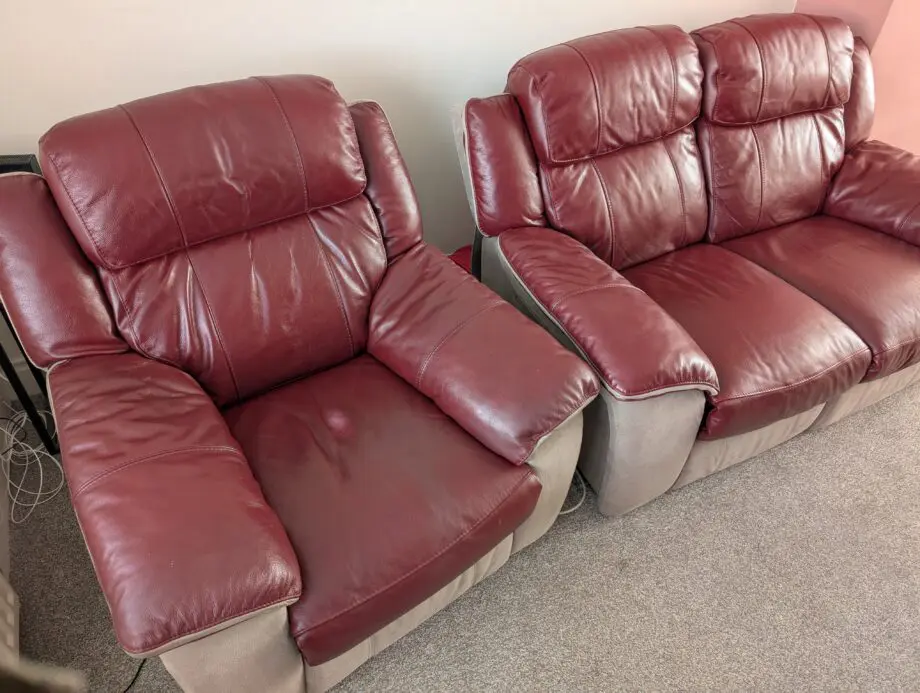 DFS Red leather/suede 2 seater sofa + chair