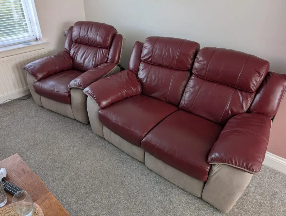 DFS Red leather/suede 2 seater sofa + chair