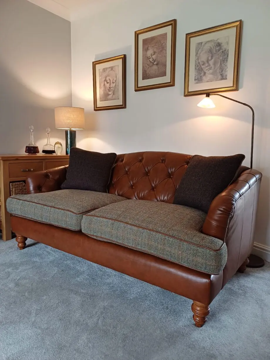 Tetrad leather and tweed sofa