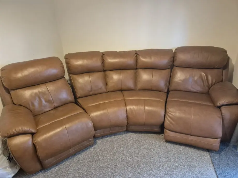 Dfs tan curved recliner both end seats electric fully recline