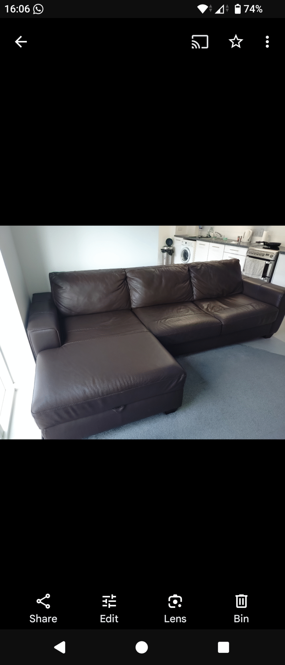 Dfs brown leather chaise lounge sofa with pouffe