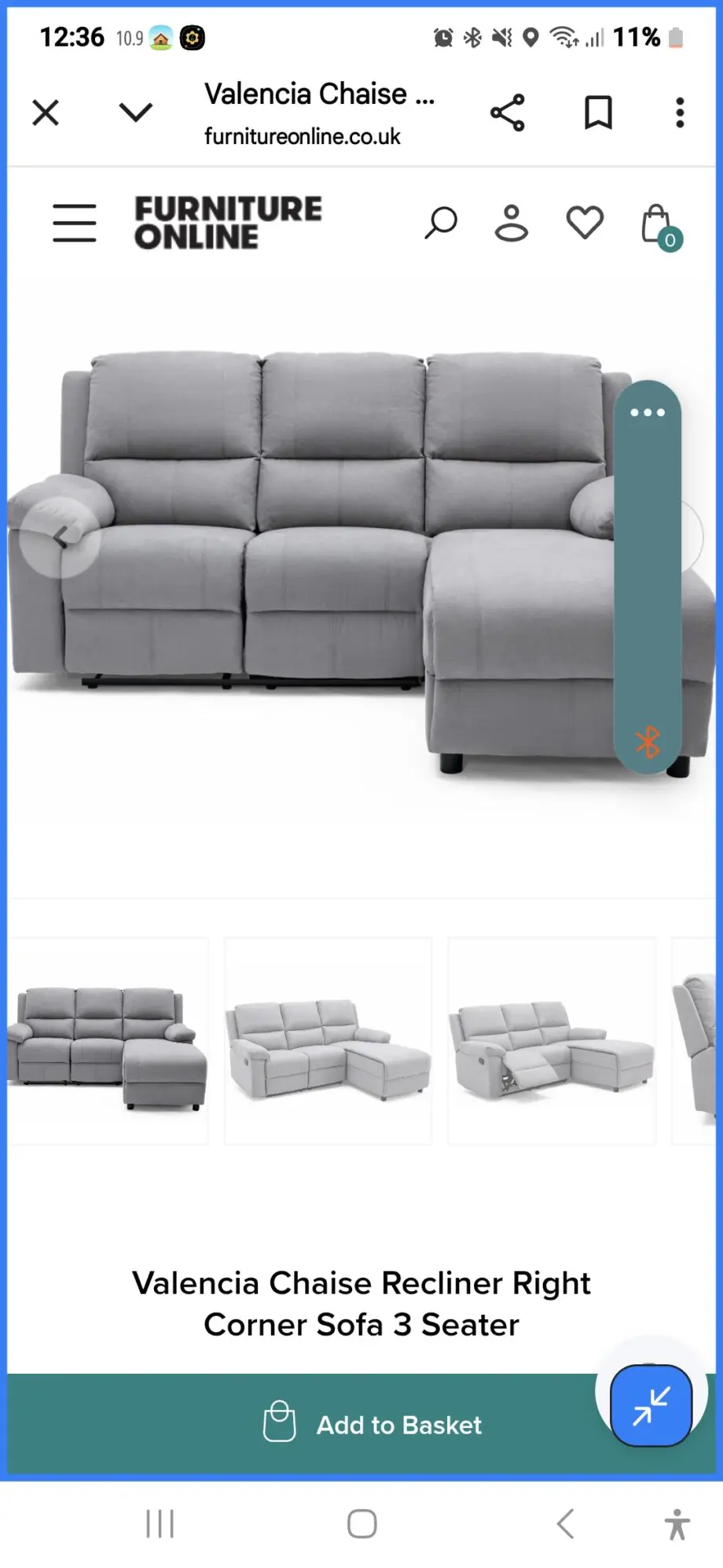 Grey sofa chaise recliner