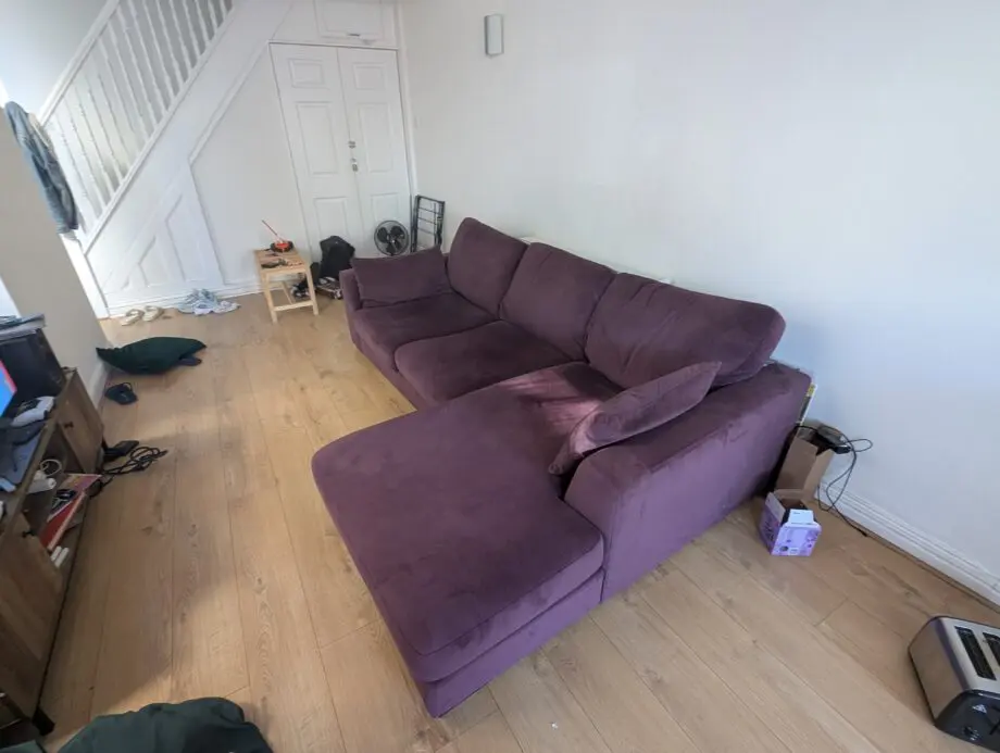 DFS Plush Velvet Purple Wine L Shape Sofa