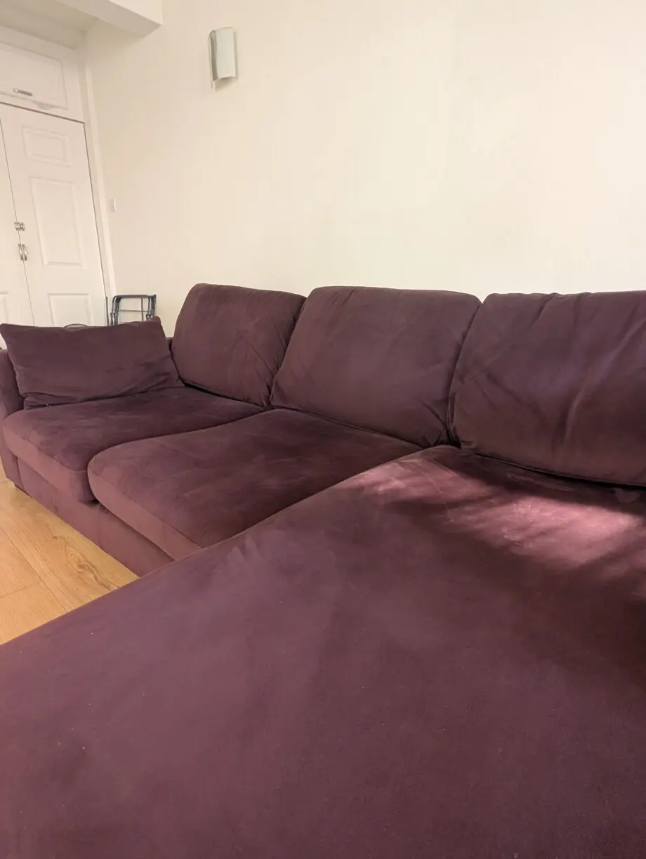 DFS Plush Velvet Purple Wine L Shape Sofa