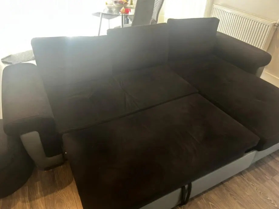 Corner Sofa Bed - AMBER - Black Fabric and Grey Leather.