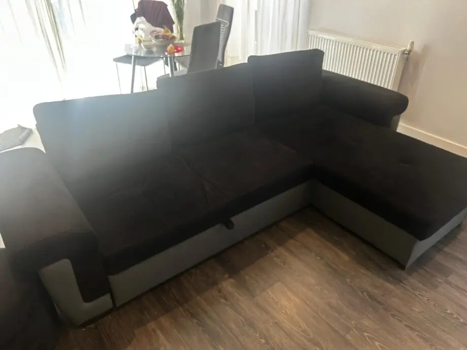 Corner Sofa Bed - AMBER - Black Fabric and Grey Leather.