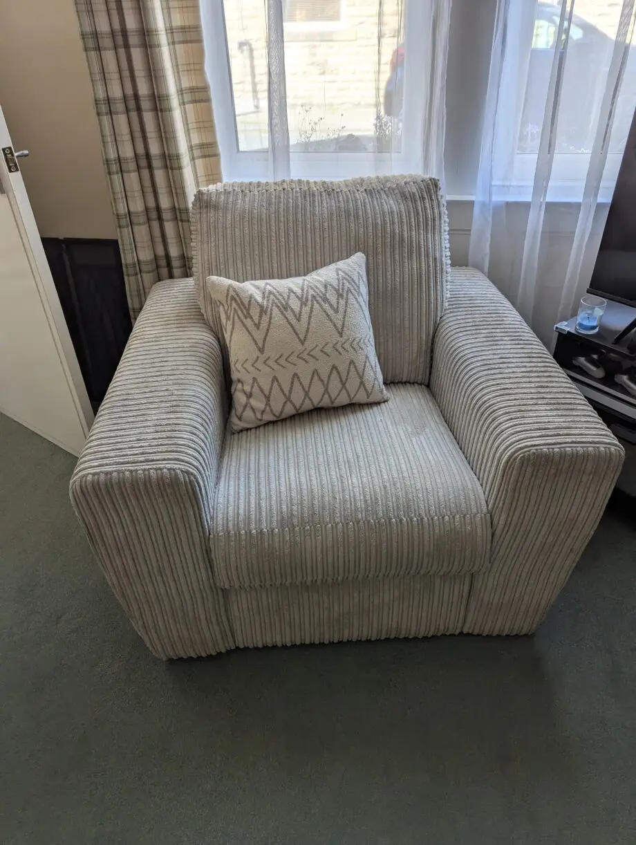 DFS "Hayden" 4 piece. Corner sofa, manual recliner chair, banquet footstool, storage footstool.