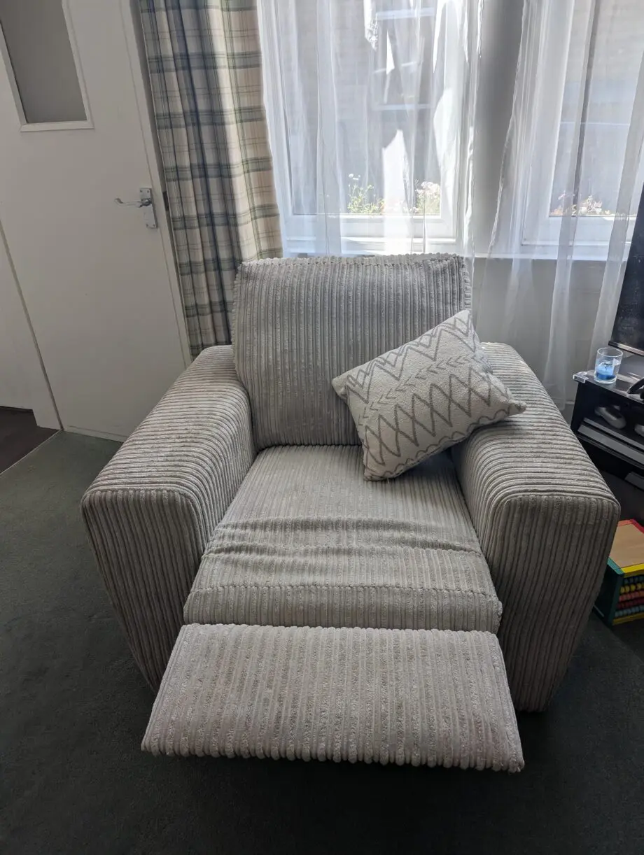 DFS "Hayden" 4 piece. Corner sofa, manual recliner chair, banquet footstool, storage footstool.