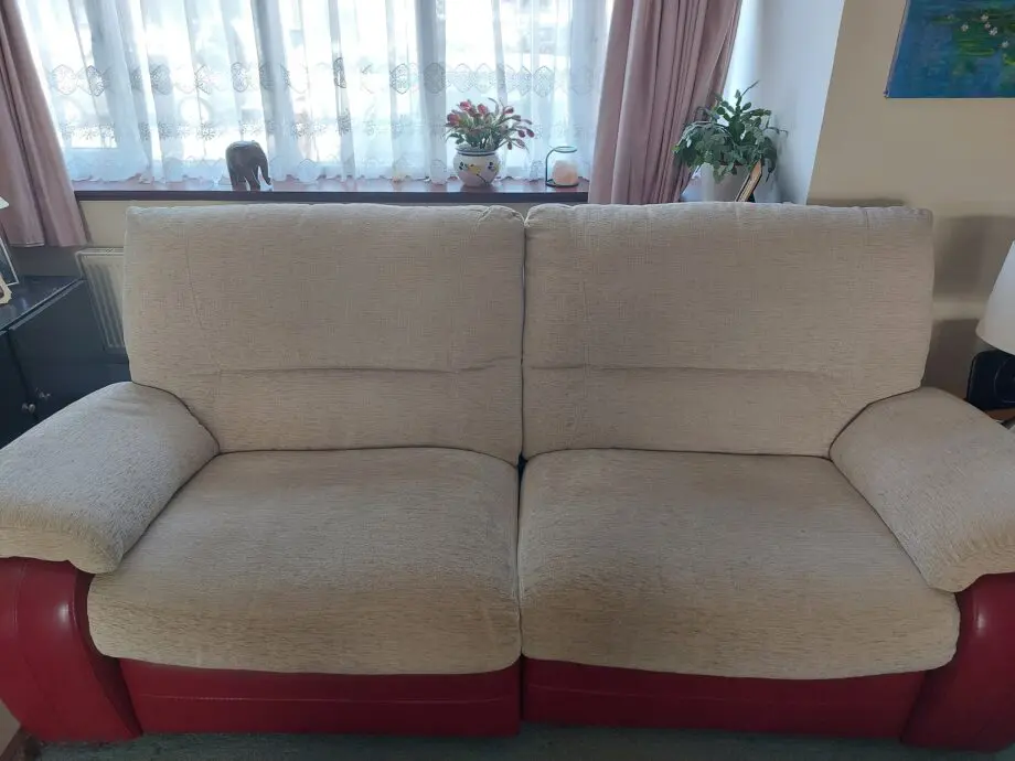 Red and Beige Reclining Sofa and 2 Armchairs