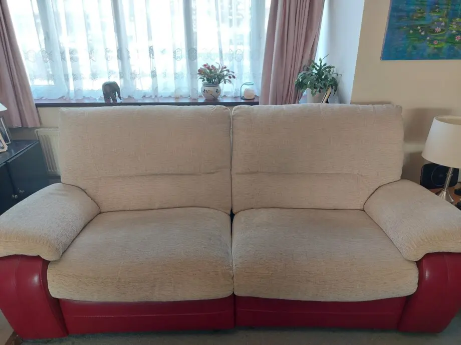 Red and Beige Reclining Sofa and 2 Armchairs