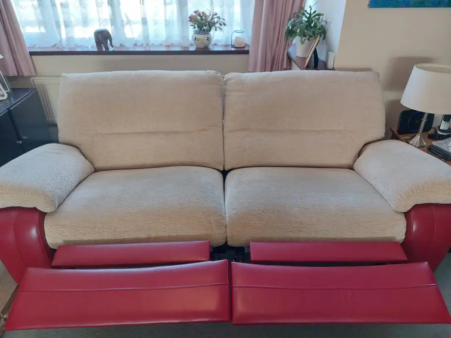 Red and Beige Reclining Sofa and 2 Armchairs
