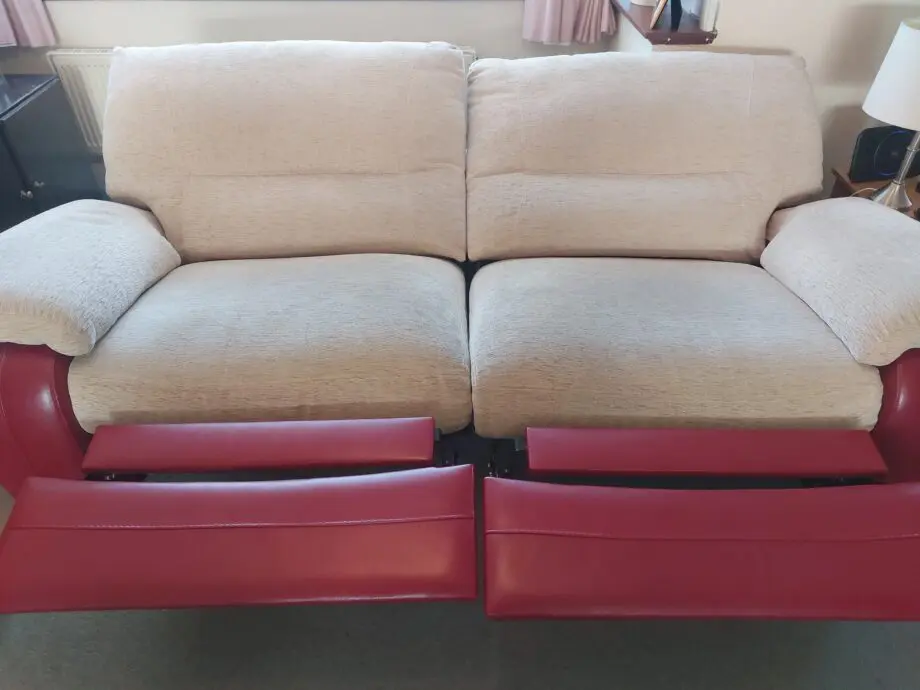 Red and Beige Reclining Sofa and 2 Armchairs