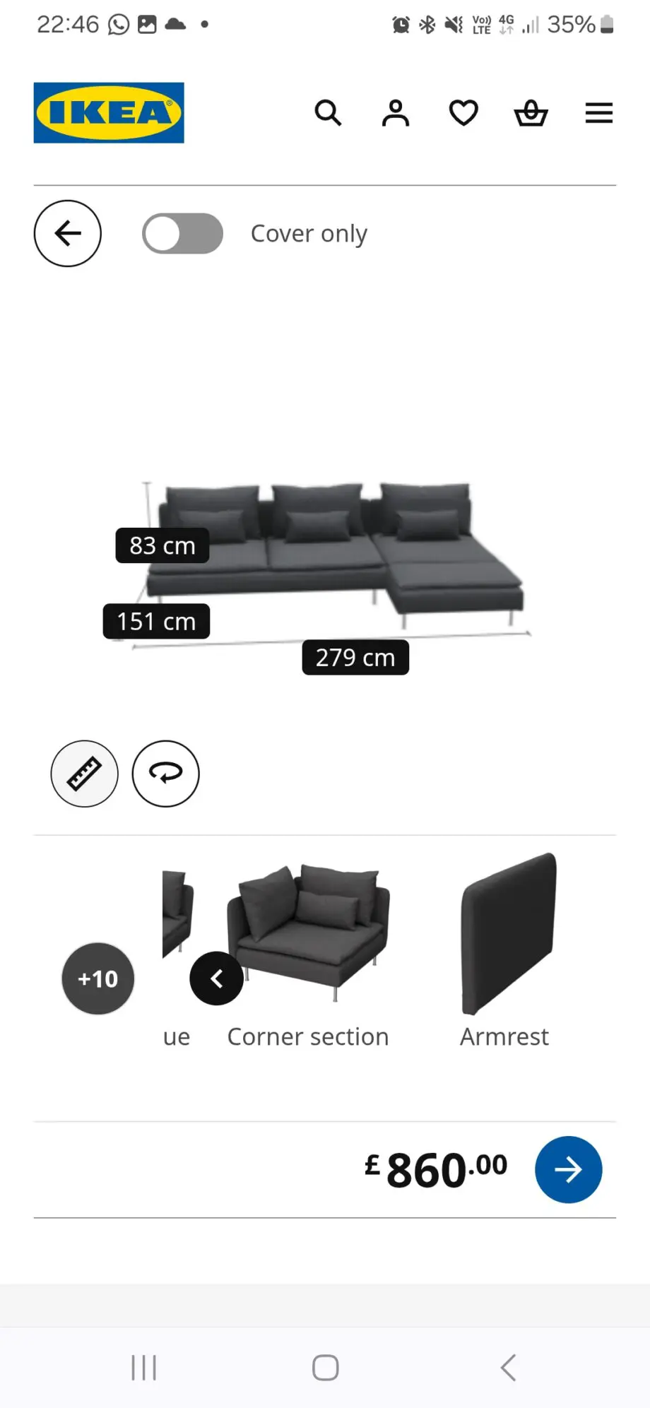 Ikea Fridtuna Dark Grey SÖDERHAMN 4-Seater Modular Sofa – RRP £860