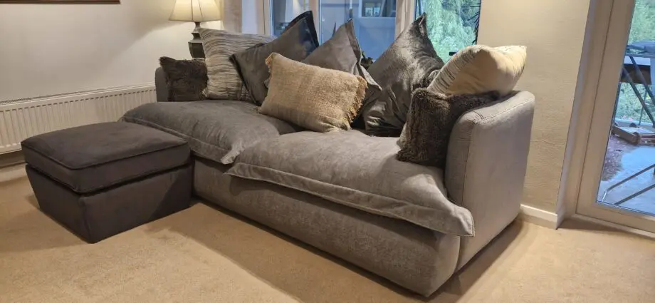 Tetrad 3 Seater Sofa in stunning grey fabric, from their 2022 Amilie range with full size storage ottoman & 2 TKmax footstools