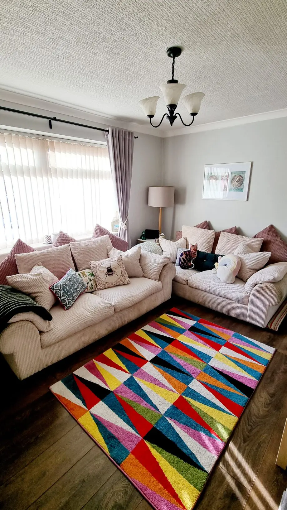 DFS Chicago Waffle Stitch Sofa with Scatterback cushions in beige cream and accent cushions in chocolate brown
