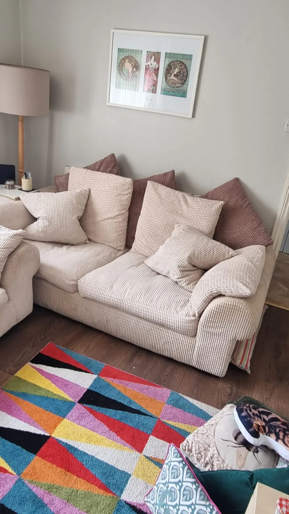 DFS Chicago Waffle Stitch Sofa with Scatterback cushions in beige cream and accent cushions in chocolate brown