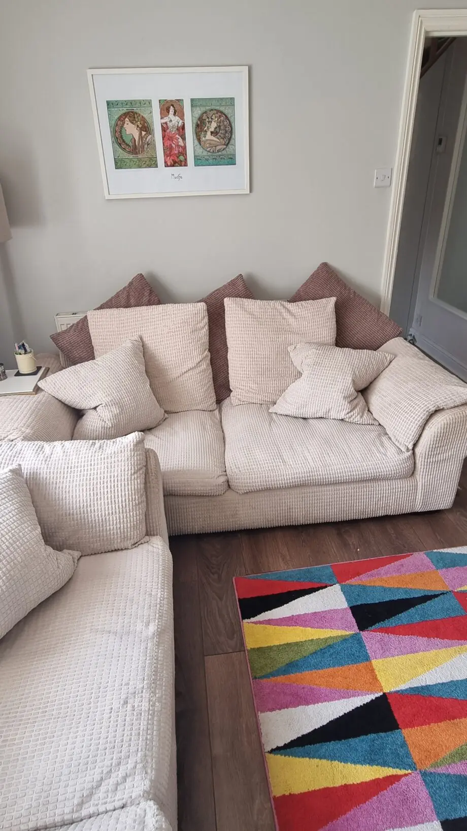 DFS Chicago Waffle Stitch Sofa with Scatterback cushions in beige cream and accent cushions in chocolate brown