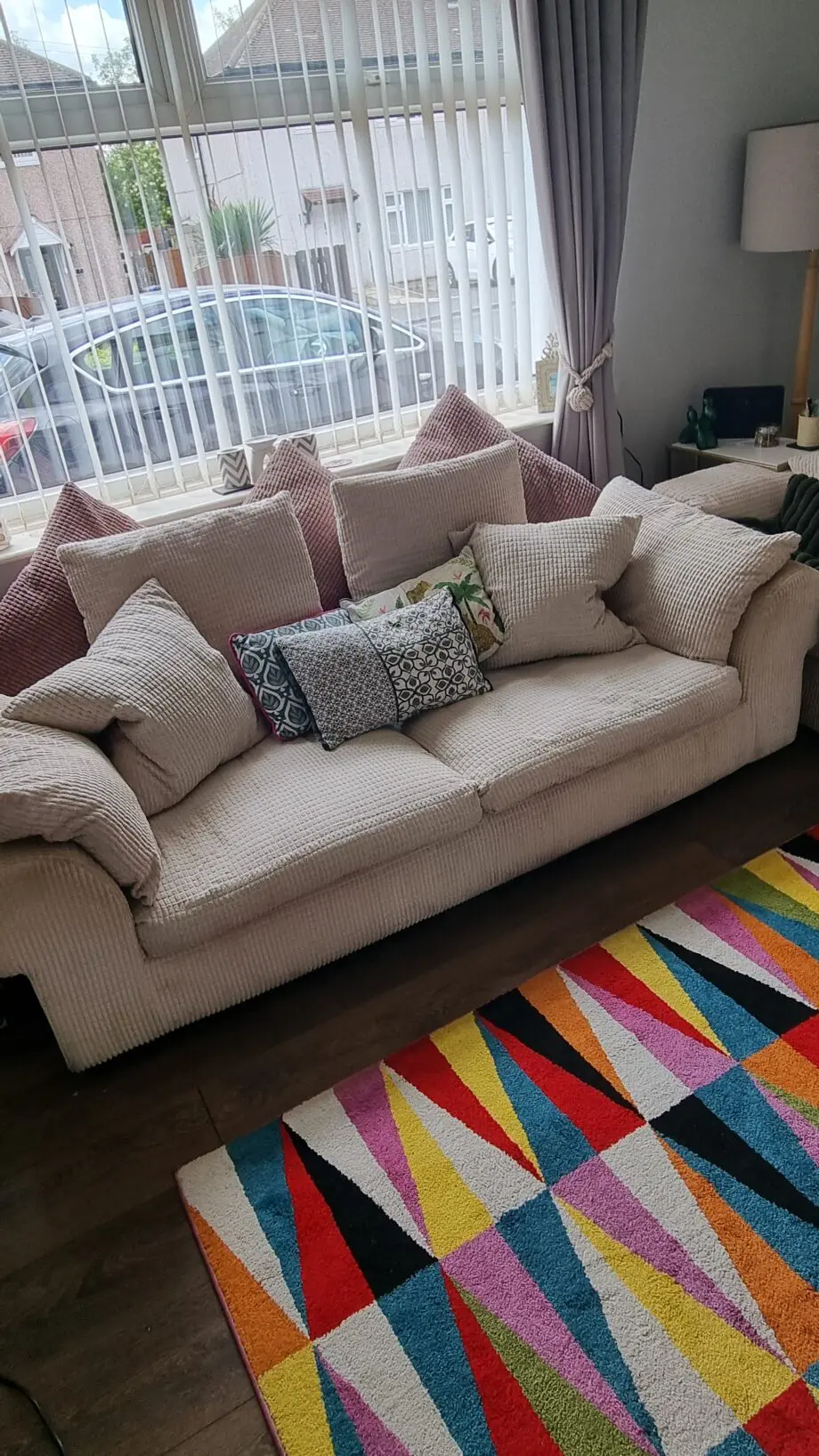 DFS Chicago Waffle Stitch Sofa with Scatterback cushions in beige cream and accent cushions in chocolate brown