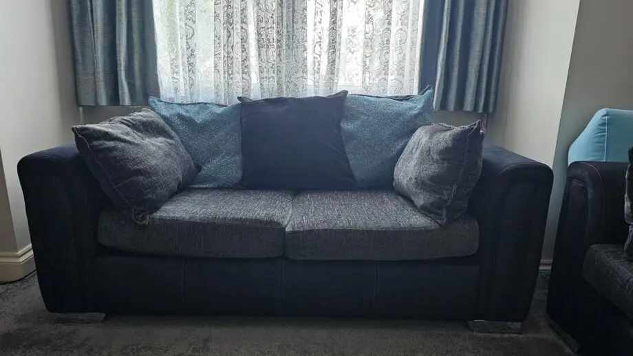 Charcoal/Teal/Black DFS fabric sofa set for sale - 3 pieces