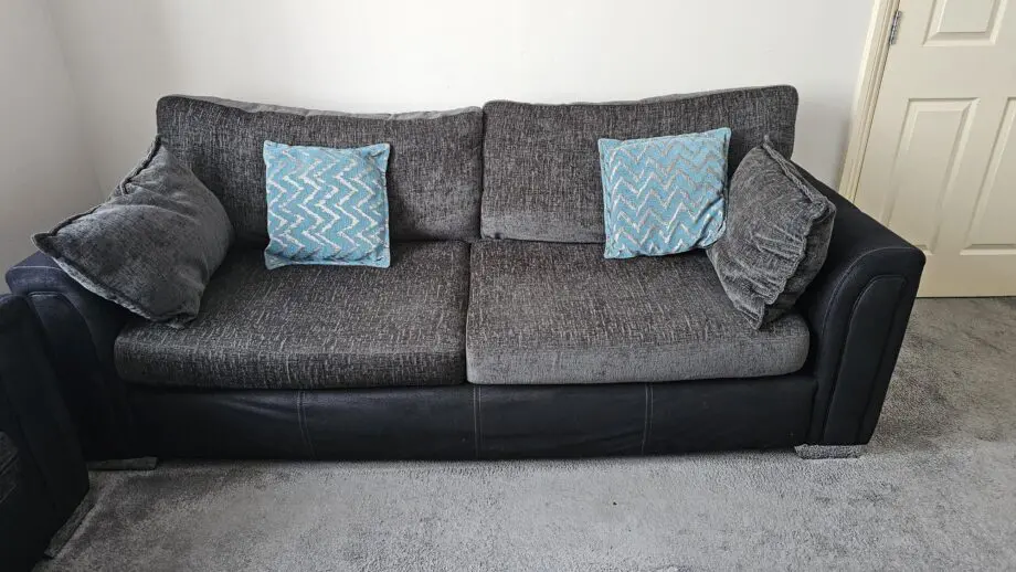 Charcoal/Teal/Black DFS fabric sofa set for sale - 3 pieces