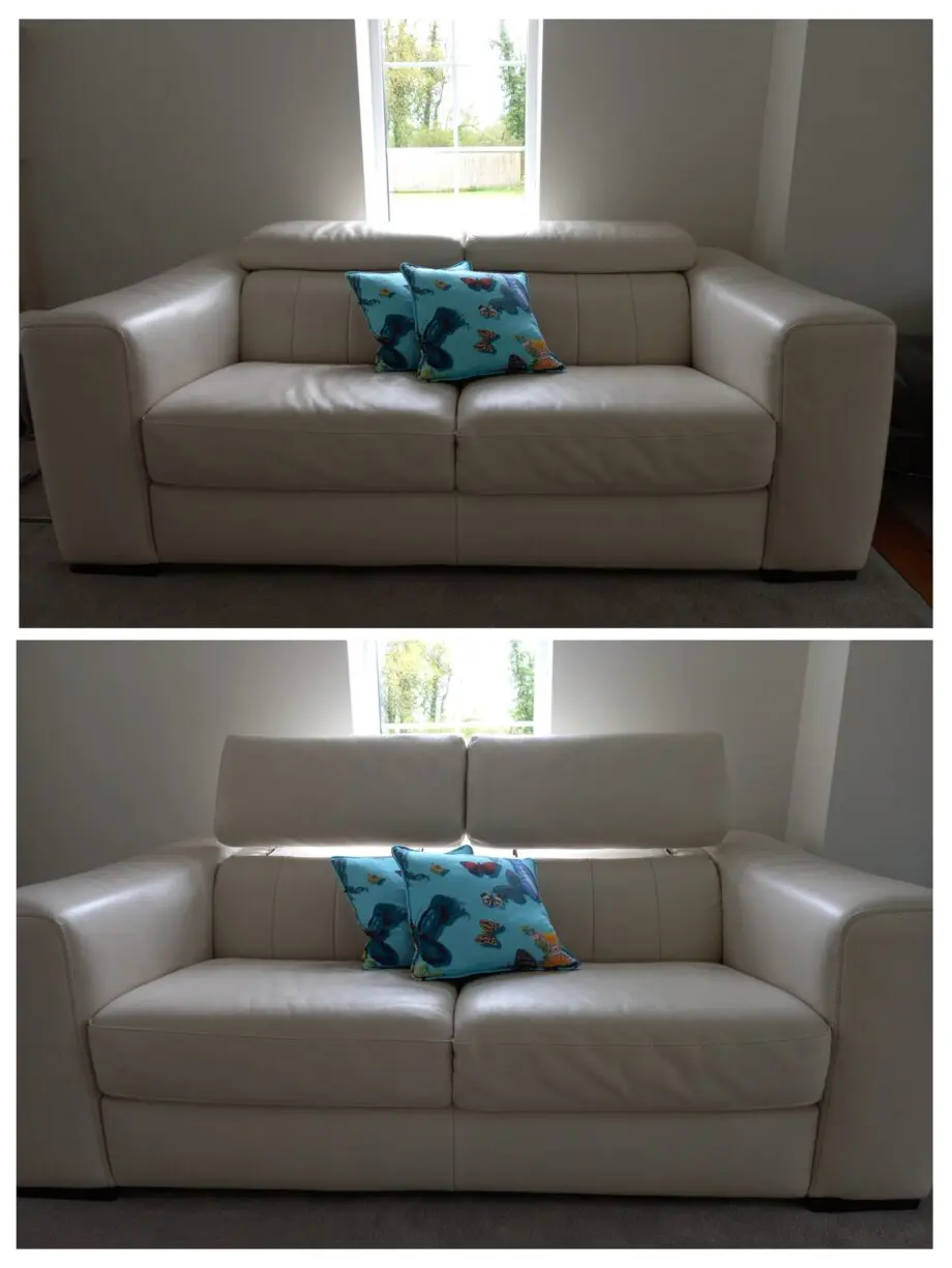 Natuzzi off-white leather sofas, manual headrest