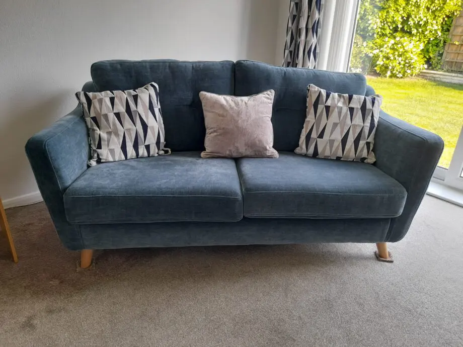 Blue Three Piece Suite with Light Wood Coloured Legs