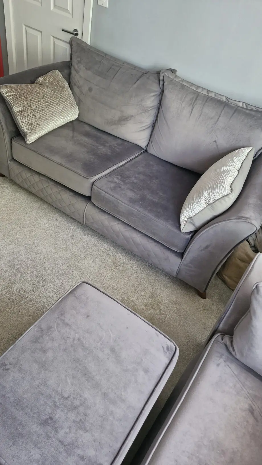 Sofology grey shimmer sofa set 2 + cuddle and storage footstool