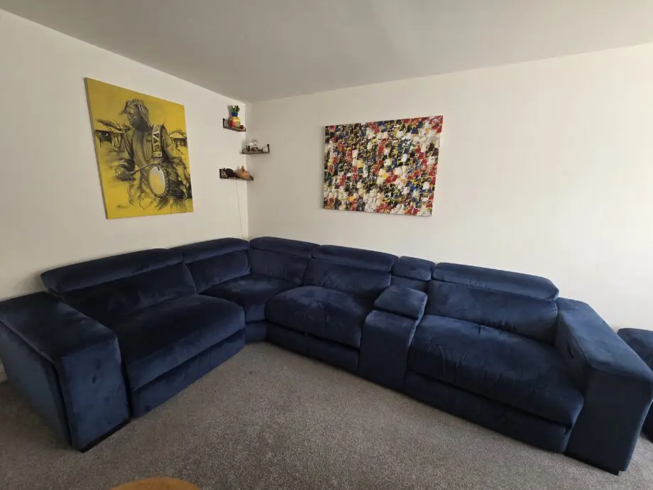 DFS Wander Velvet Right Hand Facing 2 Corner 1 Power Recliner and Console Plus DFS Wander Velvet Storage Footstool