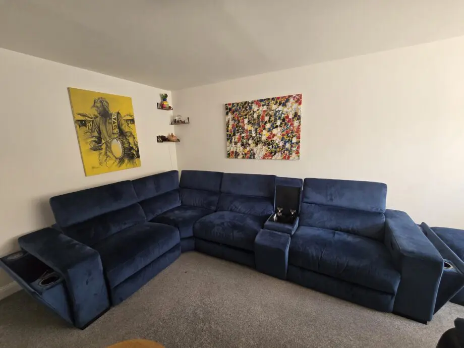 DFS Wander Velvet Right Hand Facing 2 Corner 1 Power Recliner and Console Plus DFS Wander Velvet Storage Footstool