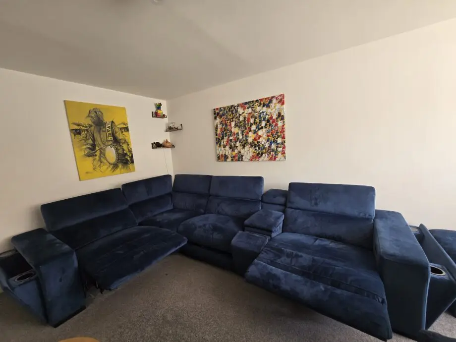 DFS Wander Velvet Right Hand Facing 2 Corner 1 Power Recliner and Console Plus DFS Wander Velvet Storage Footstool