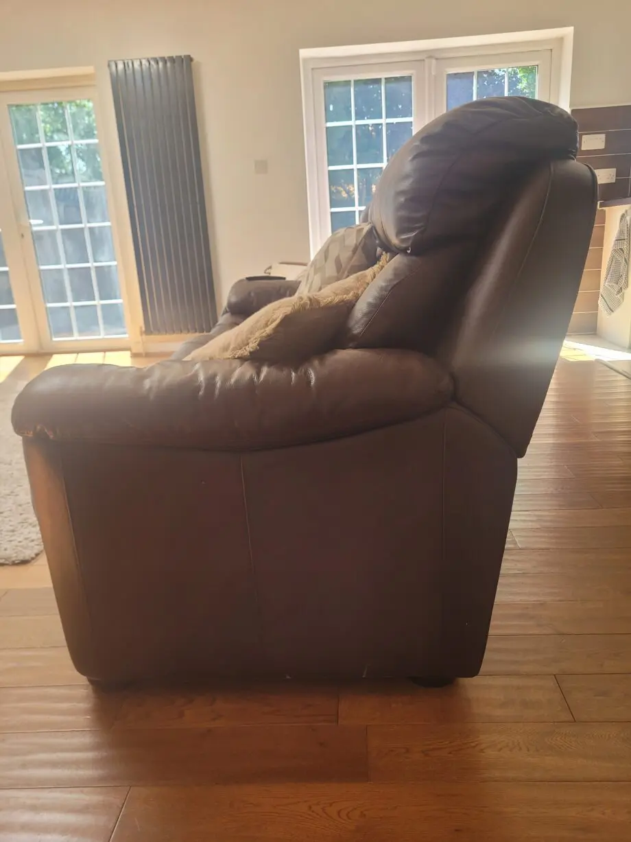 3 seat brown leather sofas + 2 seat brown manual Recliner leather sofas
