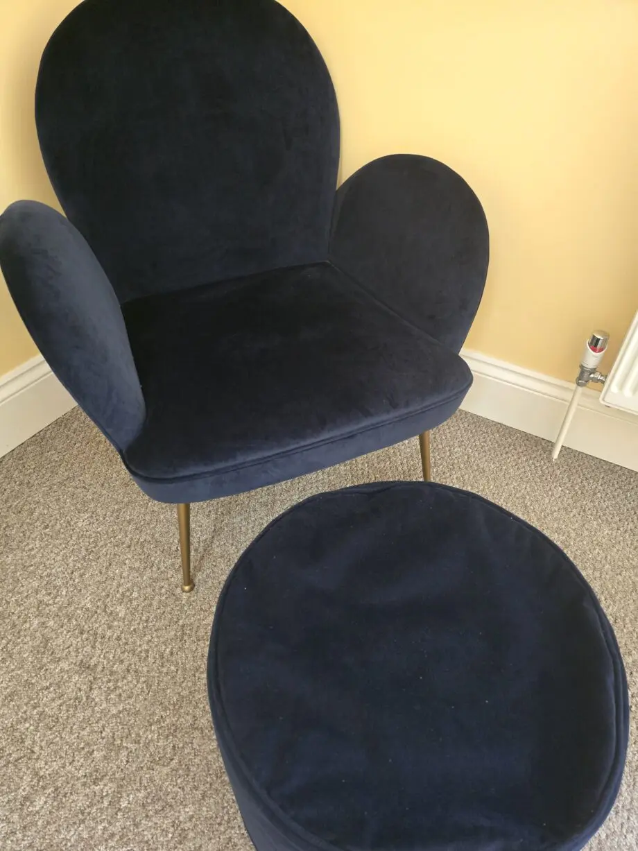 Luxe Velvet Chair Navy & footstool. Unused excellent! Would like to sell ASAP as moving out of flat