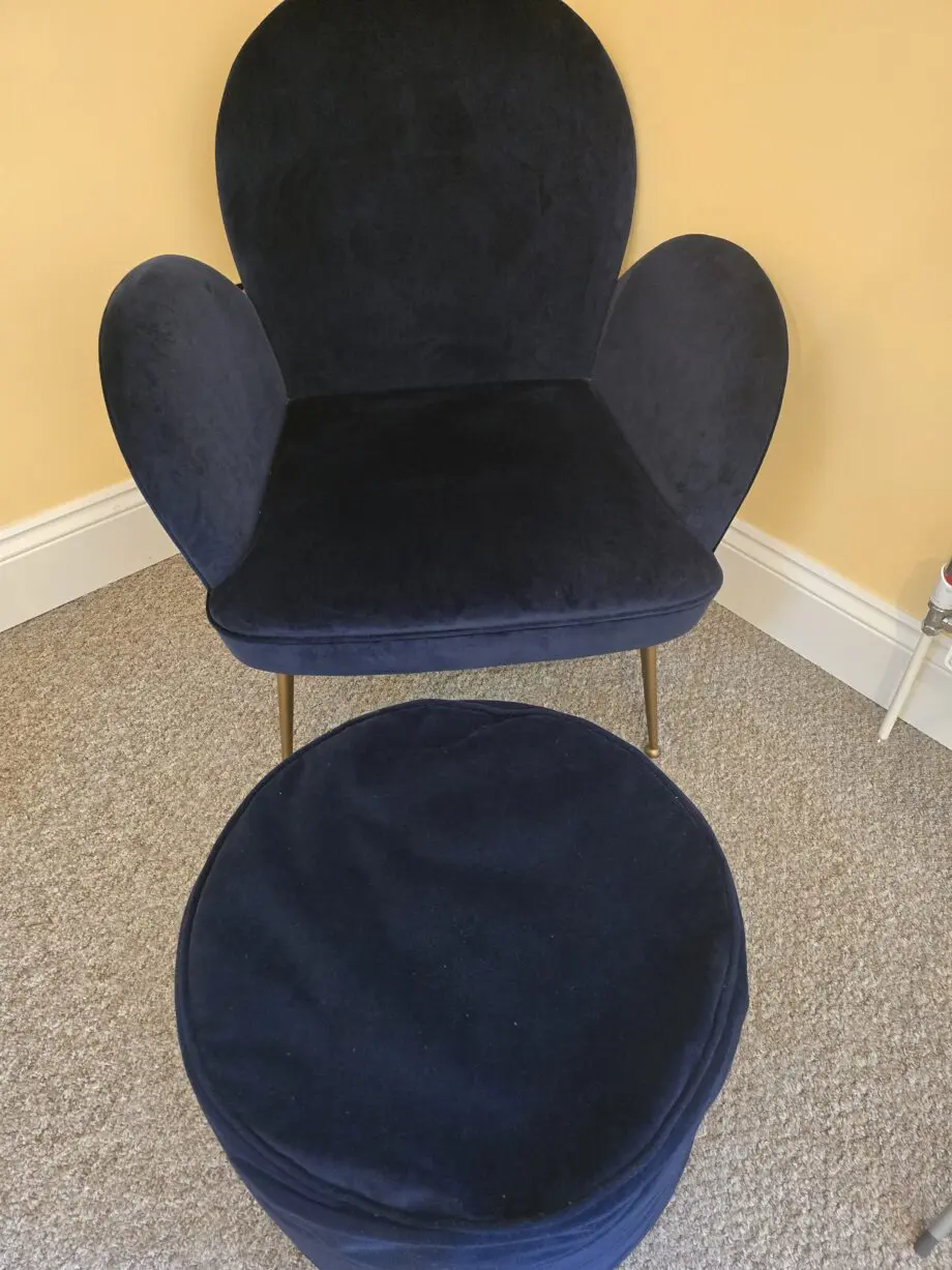 Luxe Velvet Chair Navy & footstool. Unused excellent! Would like to sell ASAP as moving out of flat