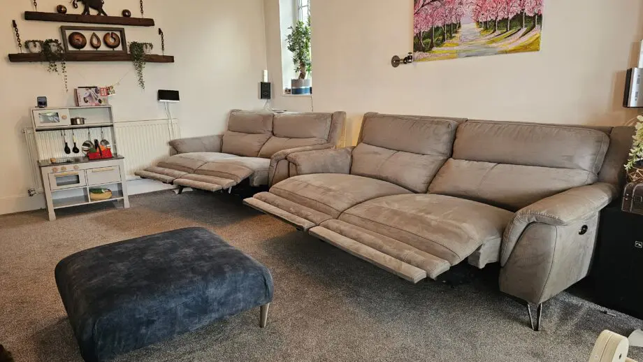 Furniture Village Contempo 3 and 2 seater fabric grey power recliner with USB