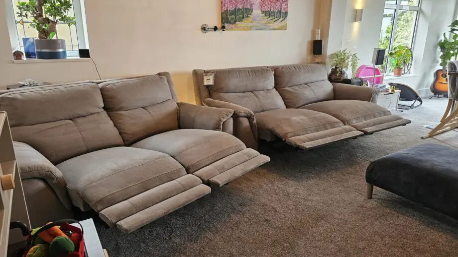 Furniture Village Contempo 3 and 2 seater fabric grey power recliner with USB