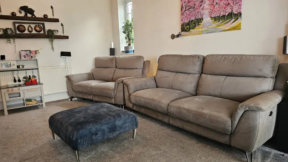 Furniture Village Contempo 3 and 2 seater fabric grey power recliner with USB