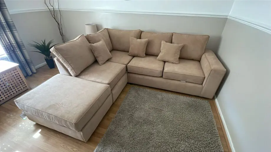 L-Shaped Beige Sofa with Matching Footstool - Free Home Delivery
