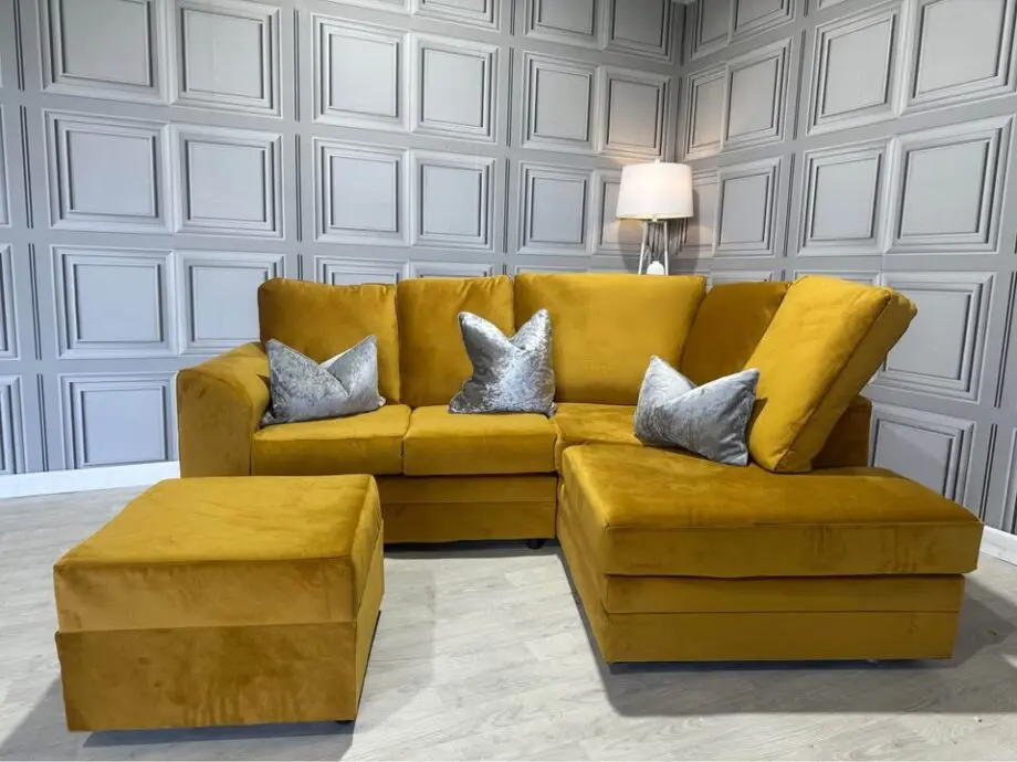 Mustard L Shaped Sofa + Matching Footstool ~ Free Delivery