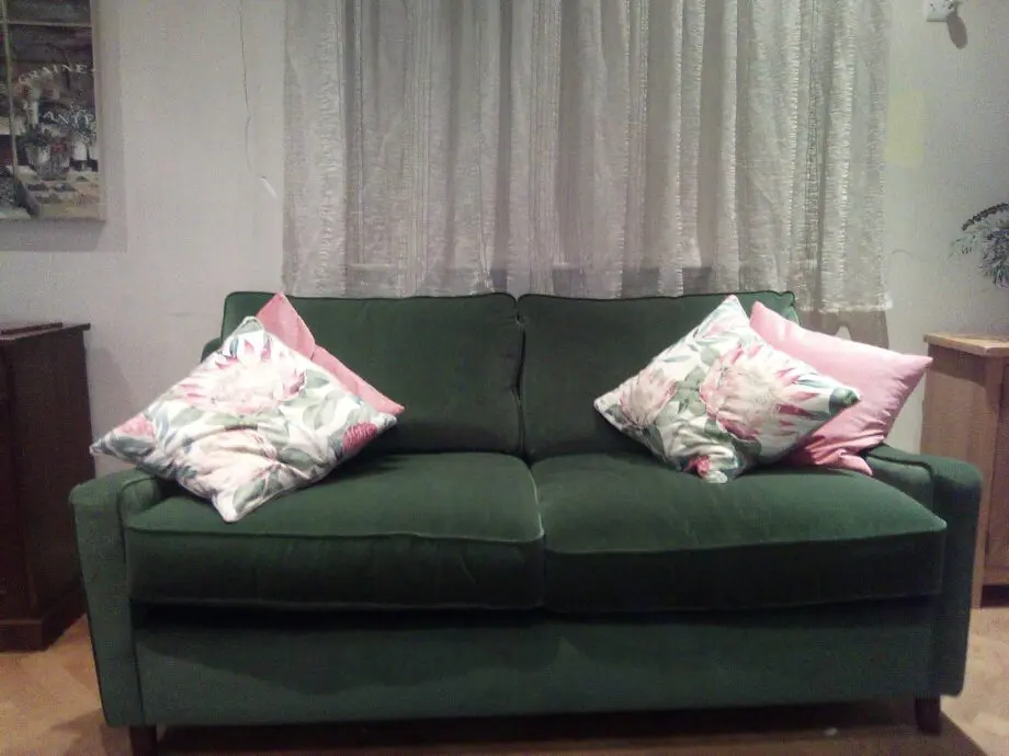 Darlings of Chelsea. Green stain resistant velvet. Weymouth. 3 seater sofa, 2 seater sofa, loveseat