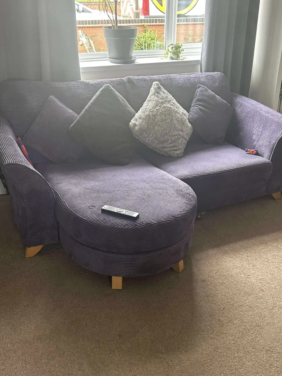 Corner sofa and large cuddle chair in purple
