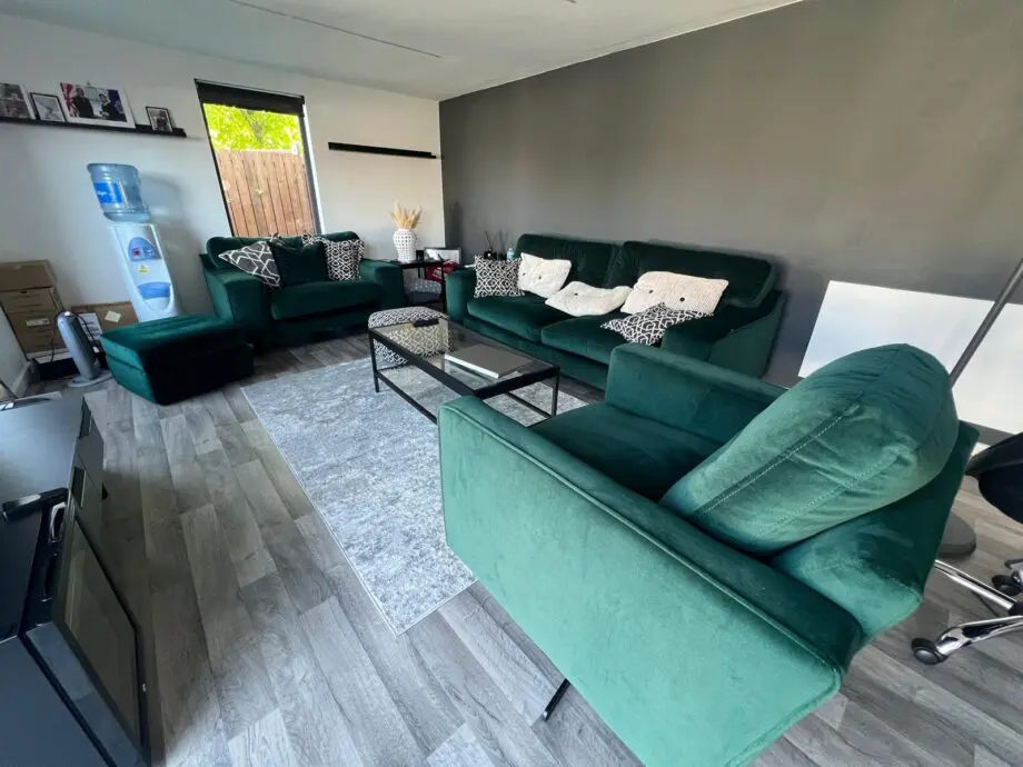 Emerald Green Velvet Sofa Set – 3-Piece Bundle with Ottoman