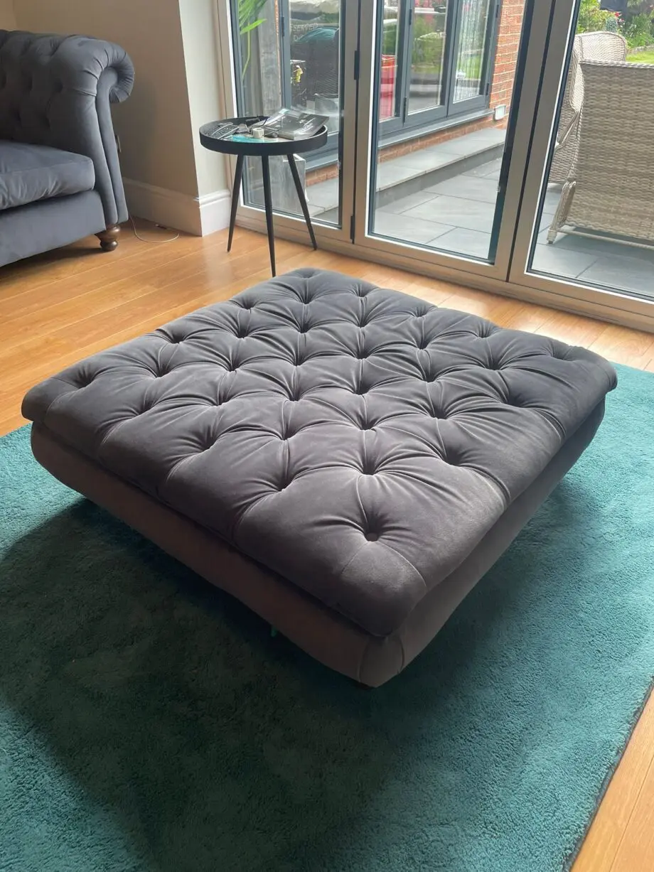 DFS Joules 3 seater velvet sofa, colour: charcoal. DFS Joules 2 seater velvet sofa, colour: charcoal. DFS Joules velvet footstool, colour: charcoal.