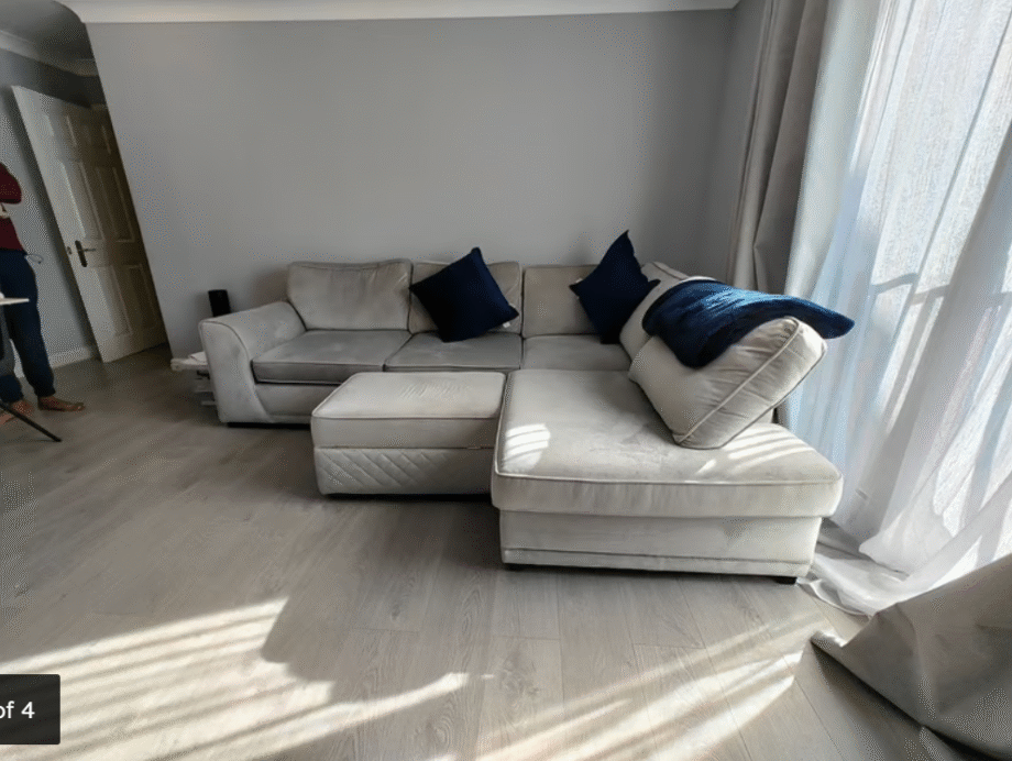 Dfs Silver Colour L Shaped Sofa With Footstool For Sale